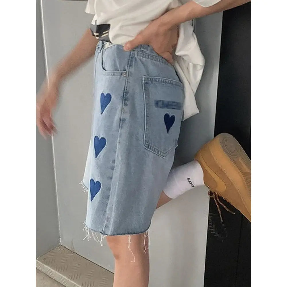 Embroidered Heart Knee Length Denim Pants