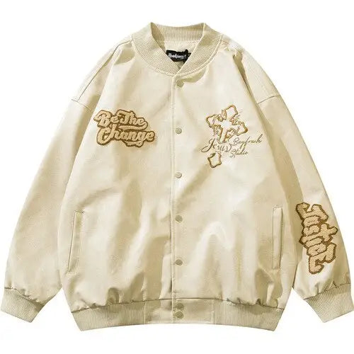 Embroidery Baseball Jacket PU Leather - Apricot / M