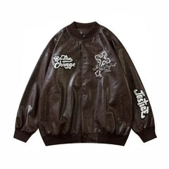 Embroidery Baseball Jacket PU Leather - Dark Brown / M