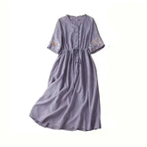 Embroidery Short Sleeve Cotton Linen V-Neck Dress