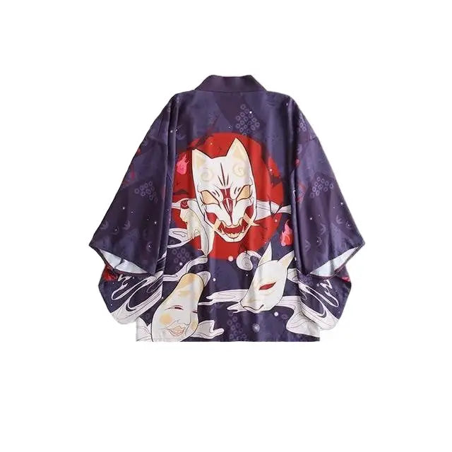 Evil Oni Kitsune Kabuki Masks Purple Kimono - One Size