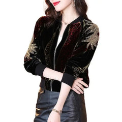 Fashion Velvet Sequins Zipper Long Sleeve Jacket