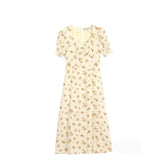 Floral Chiffon Midi Dress with Puff Sleeves Beige / S