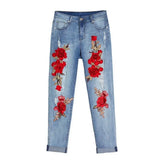 Floral Embroidery High Waisted Slim Jeans Light Blue / S