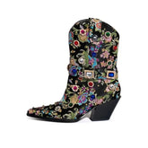 Floral Gem Embroidered Mid Calf Western Boots Euro Size