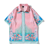 Floral Pink Shirt and Shorts Set Polyester Turn Down Collar