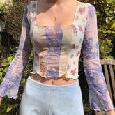 Floral Print Mesh Transparent Crop Top with Square Collar
