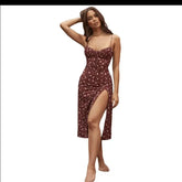 Floral Ruched High Split Long Dress Red / S