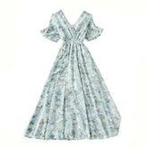 Floral Ruffled Short-sleeved Chiffon V-neck Dress