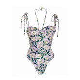 Floral Strap Round Neck Cover Up Swimsuit White Lavender / S