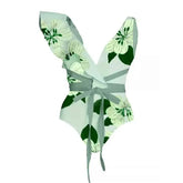 Floral V Neck High Waist Ruffled Lace Up Swimsuit Green / S