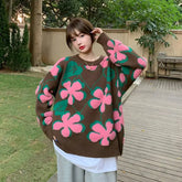 Floral Vintage Knitted Oversize Sweater with Smiley Pattern
