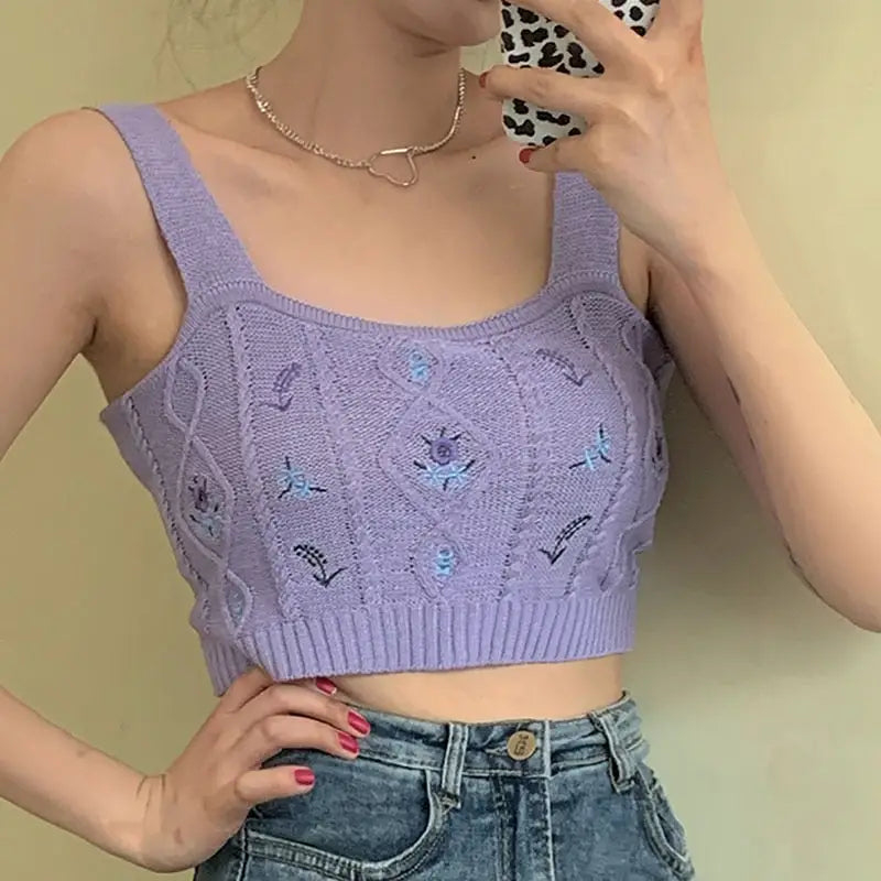 Flower Embroidery Crop Tank Top