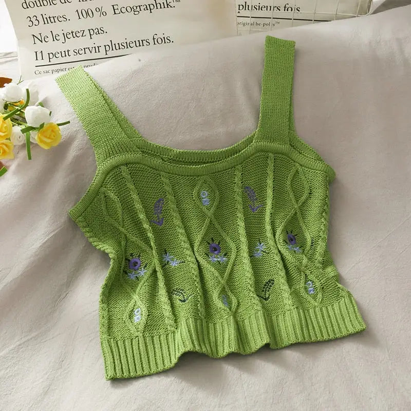 Flower Embroidery Crop Tank Top - GREEN / One Size