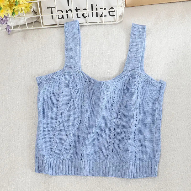 Flower Embroidery Crop Tank Top - SOLID BLUE / One Size