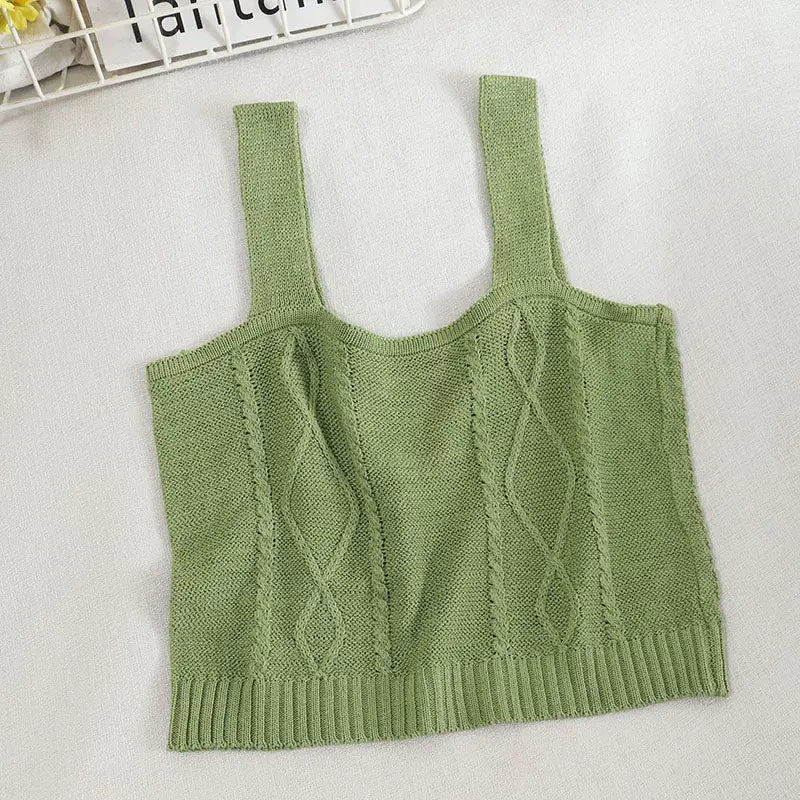 Flower Embroidery Crop Tank Top - SOLID GREEN / One Size
