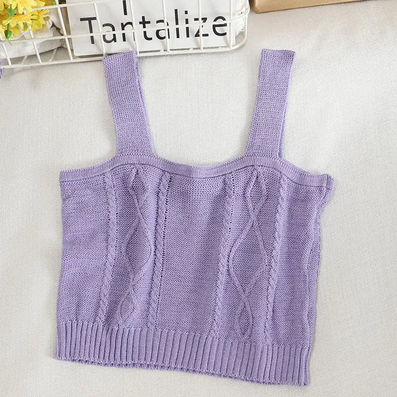 Flower Embroidery Crop Tank Top - SOLID PURPLE / One Size