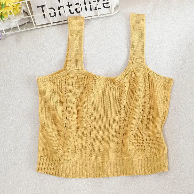 Flower Embroidery Crop Tank Top - SOLID YELLOW / One Size