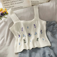 Flower Embroidery Crop Tank Top - WHITE / One Size