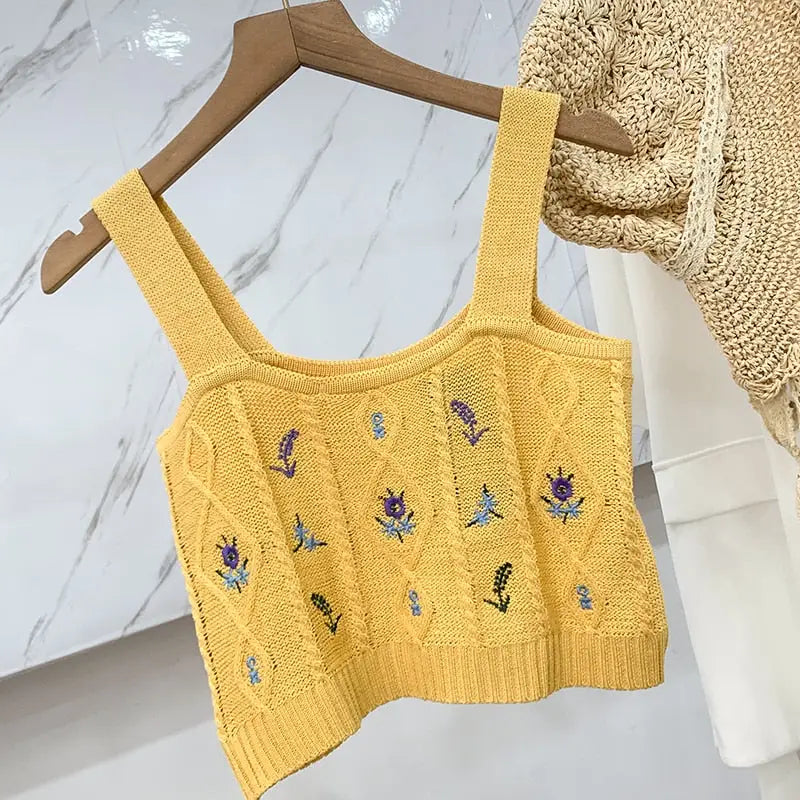 Flower Embroidery Crop Tank Top - YELLOW / One Size