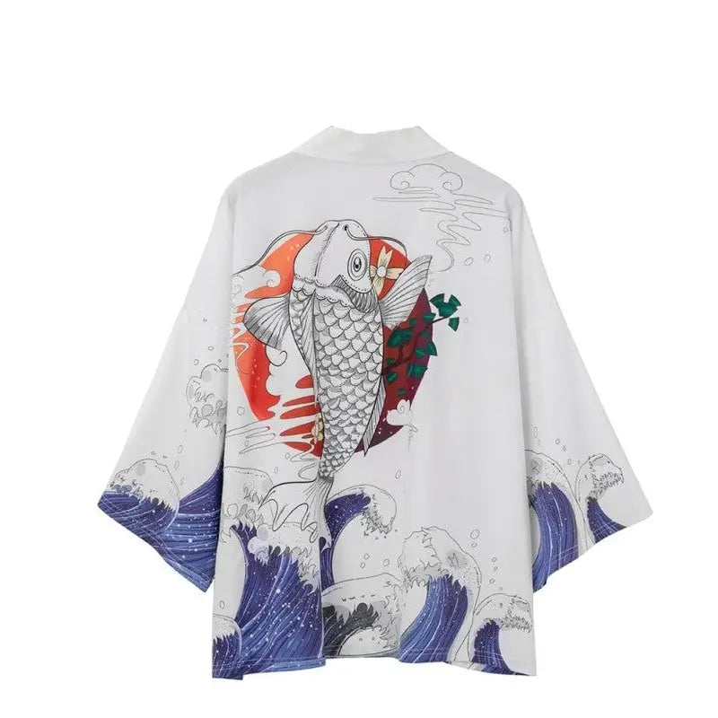 Flying Sky Koi Fish 3/4 Sleeve Kimono - White / M - KIMONO