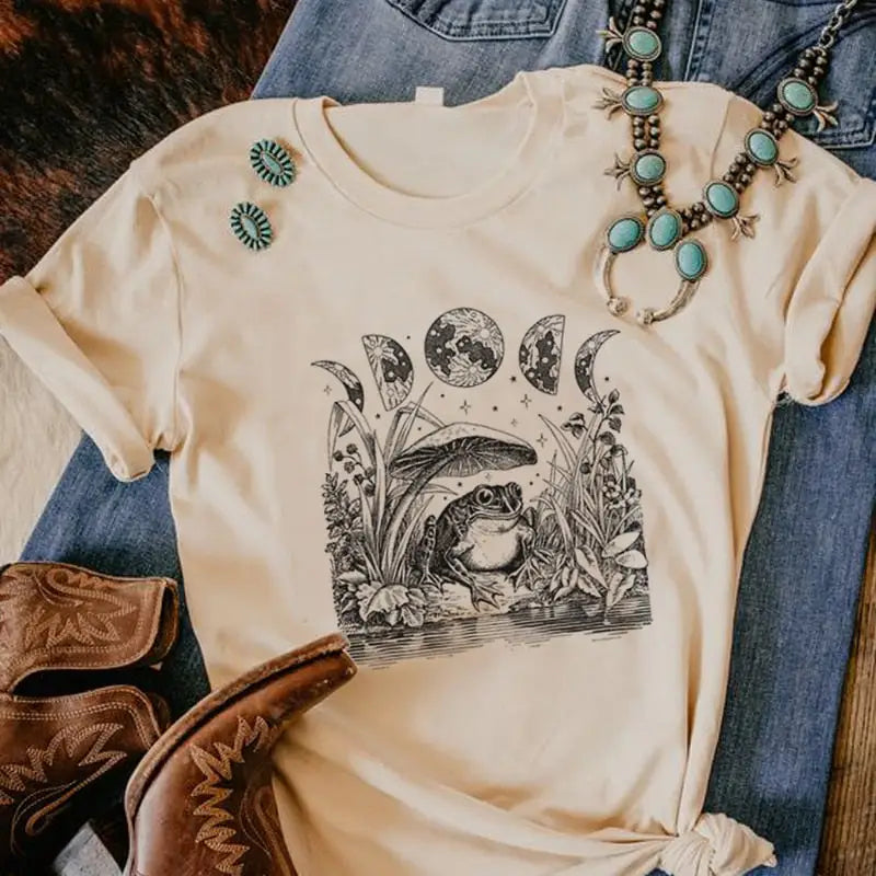 Frog Mushroom Moon Witchy T-Shirt - Khaki / XS