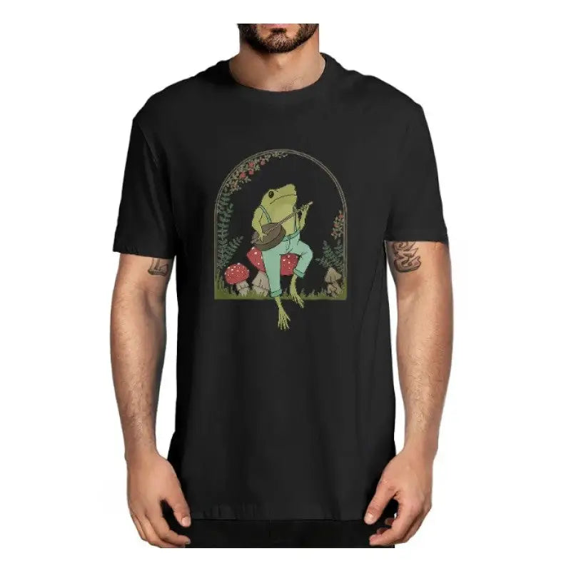 Frog Playing Banjo on Mushroom Cottagecore T-Shirt