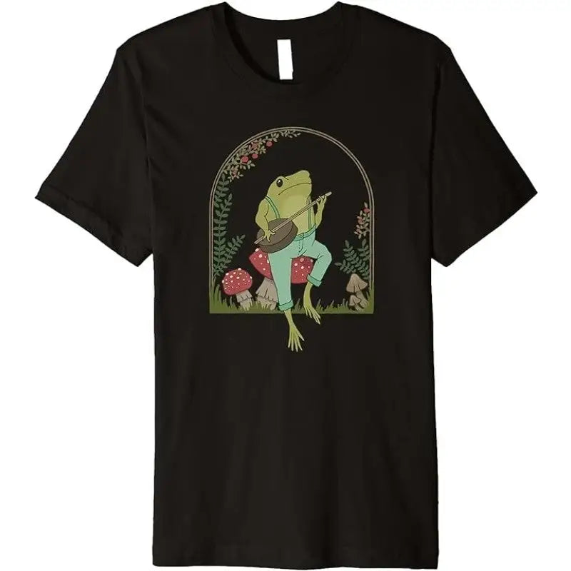 Frog Playing Banjo on Mushroom Cottagecore T-Shirt