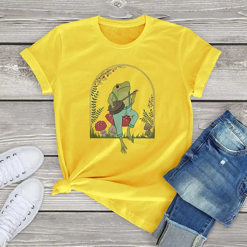 Frog Playing Banjo on Mushroom Cottagecore T-Shirt - Yellow