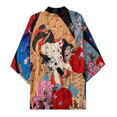 Geisha and Flower 3/4 Sleeve Kimono - Multicolor / M