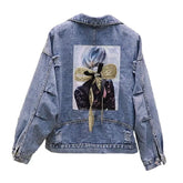 Girl Sequined Denim Jacket with Bow and Ripped Detail Blue