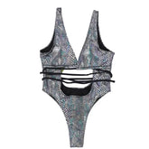 Glitter Backless One Piece Lace Up Swimsuit