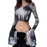 Gothic Punk Aesthetic Mesh Crop Top for Women Black / S
