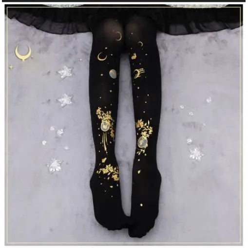Gothic Rabbit Gold & Moon High Socks - Black / One Size