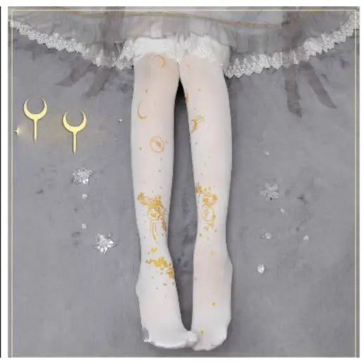 Gothic Rabbit Gold & Moon High Socks - White / One Size