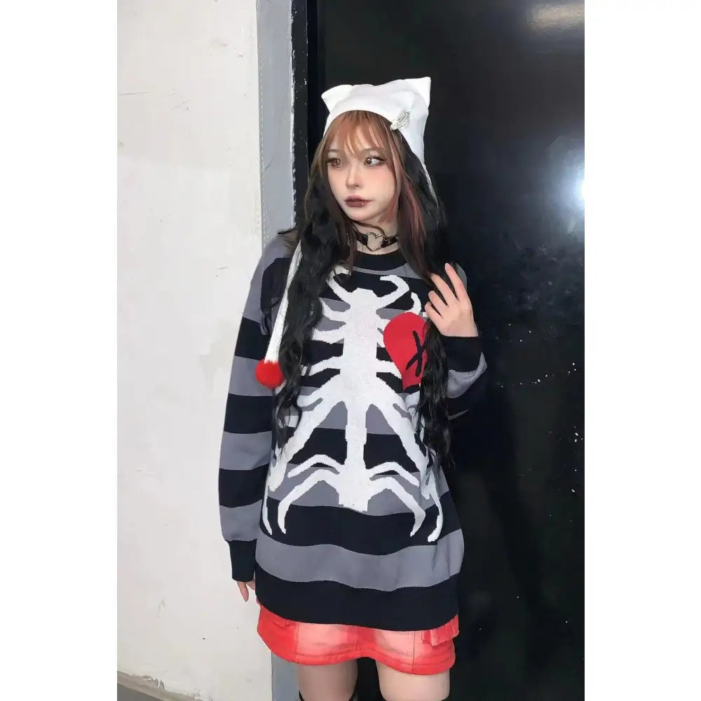 Gothic Skeleton Striped Knitted Sweater