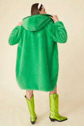 Green Faux Fur Sequins Trim Hooded Maxi Coat One Size