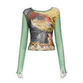 Green Mesh Long Sleeve Blouse for Women / S