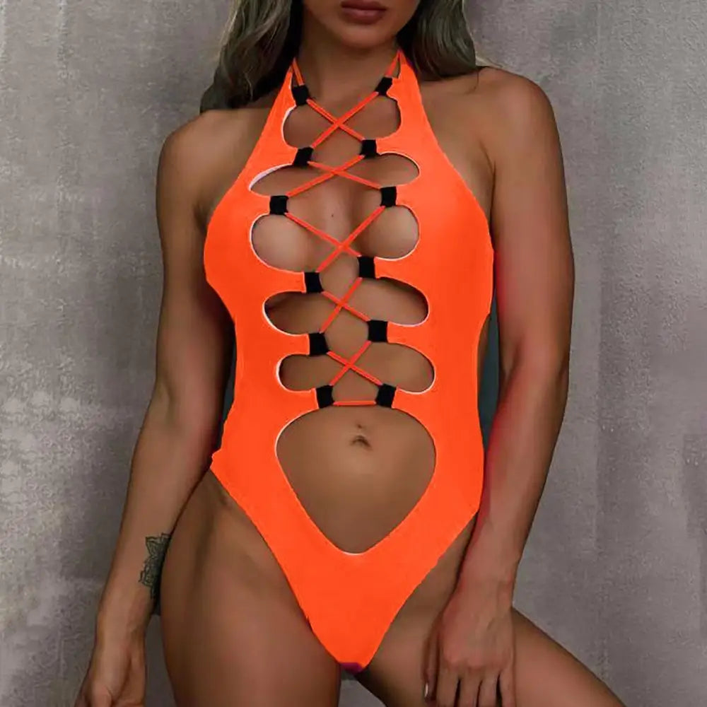 Halter Hollow Out One-Piece Swimsuit - Orange / S