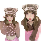 Harajuku Style Cat Ears Striped Knitted Hat with Star Brooch