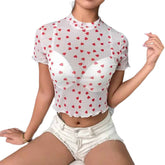 Heart Lettuce Trim Mesh Turtle Neck Blouse