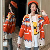 Heart Stripe Knitted Cardigan Sweater for Women Orange