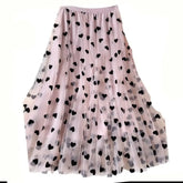 High Waist Heart Flocking Mesh Big Hem Tulle Skirt Pink