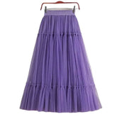 High Waist Pleated Tulle Long Skirt Purple / One Size