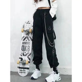 High Waist Streetwear Cargo Pants With Chain