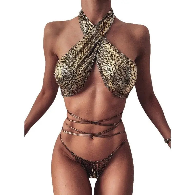 Hollow Strapped Bikini Swimsuit - Golden 4 / S