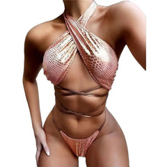 Hollow Strapped Bikini Swimsuit - Pink 4 / S