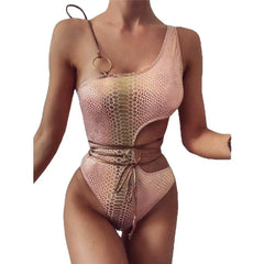 Hollow Strapped Bikini Swimsuit - Pink Gold / S