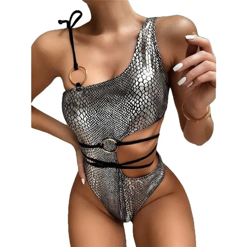 Hollow Strapped Bikini Swimsuit - Silver Black / S