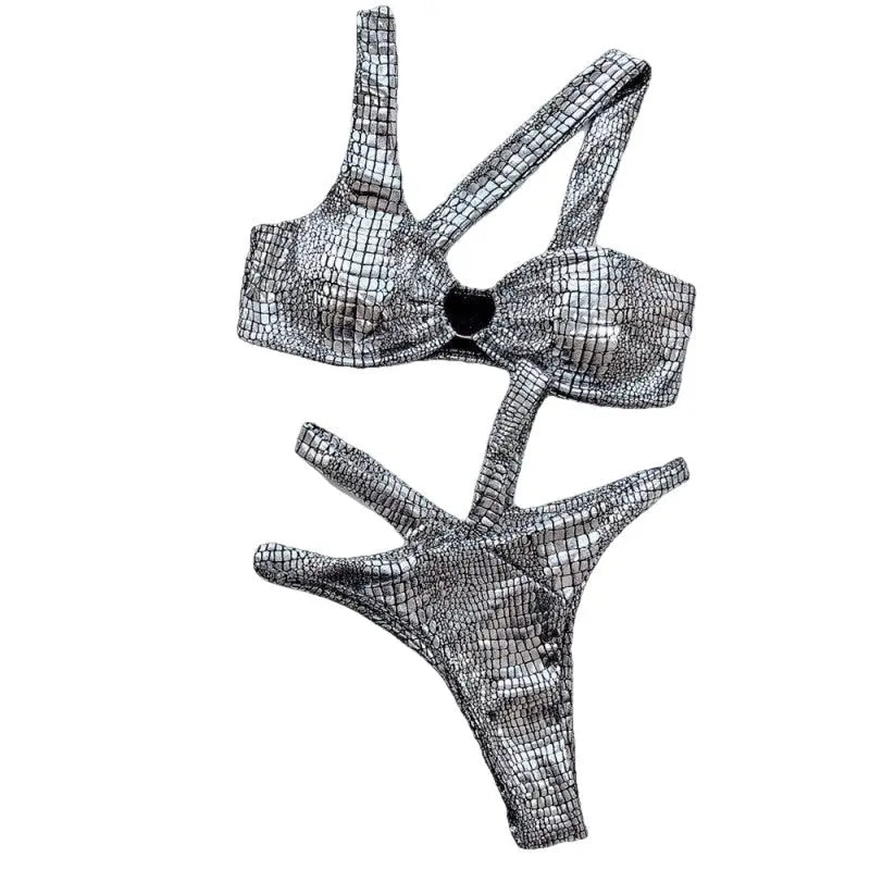 Hollow Strapped Bikini Swimsuit - Silver / S